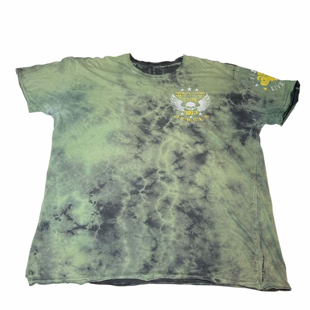 Affliction American Customs Motor Club T-Shirt Green Tie Dye Graphic Tee